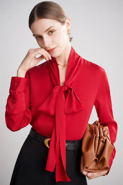 Silk Shirt Women's Thick Temperament Streamer 2025 Spring and Summer New Mulberry Silk Lace-up Design Shirt Long-sleeved Top