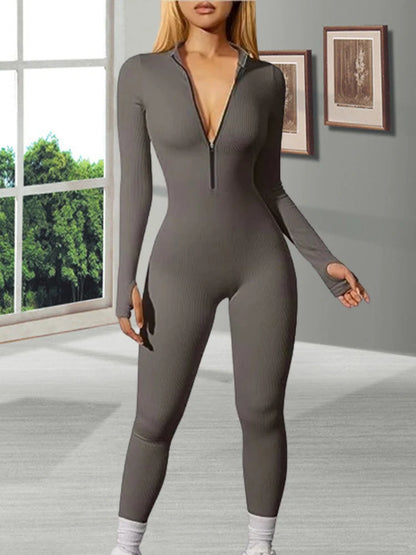 Woman Fall Tight Long Sleeved Zipped Slim-fitting Long Romper Female High Waist Solid Color Ribbed Sports Sexy Hot Girl Jumpsuit.