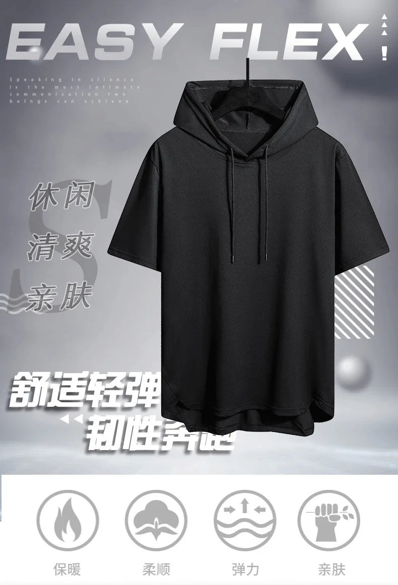 2025 Men's Summer Hoodies T-shirts Short Sleeve Solid Color Loose Hooded Drawstring Pullover Tops Basic Tees for Daily Wear Male.