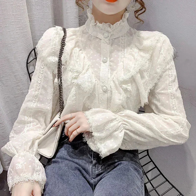 Long Sleeve Loose Spring Fashion Button White Shirt Elegant Stand Collar Pleated Tops Casual Ruffle Lace Blouse Blusas 15832.