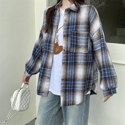 Zjaiss Women Thick Woolen Plaid Blouse Loose Long Sleeved Tops 2025 Autumn Winter New Casual Shirt Long Shirts.