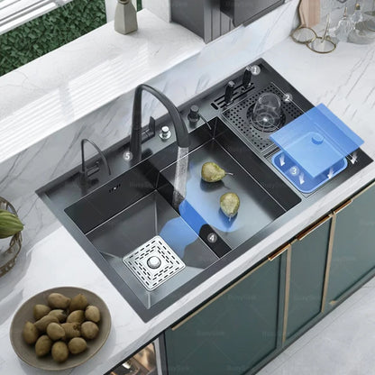 Stainless Steel Kitchen Sink Stepped Large Single Slot Wash Dish Vegetables Basin Multifunctional With Cup Washer Knife Holder
