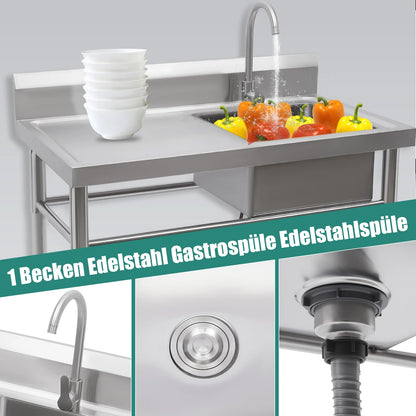 Küchenspüle mit 201 Stauraum, Edelstahlspüle mit Waschbecken, 100 x 60 x 93 cm, freistehendes kommerzielles Küchenspüle aus Edelstahl