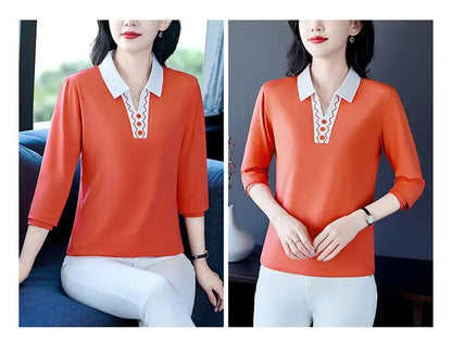 2025 Autumn New Women Clothes Office Lady Simplicity Patchwork Polo-Neck Top Tee Ladies Fashion Loose Buttons Long Sleeve Shirts