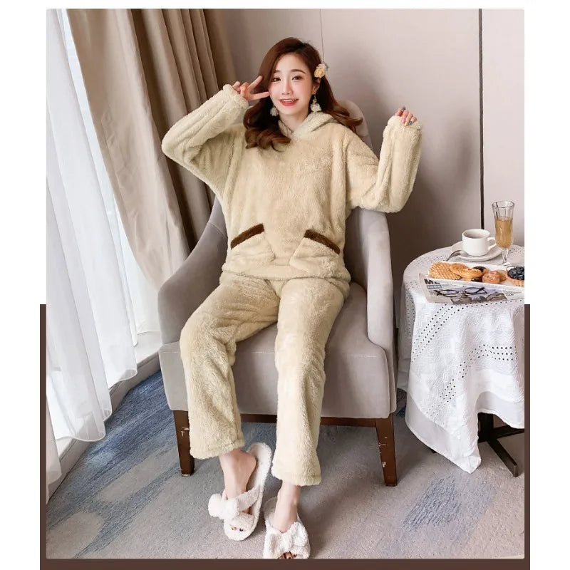 Verdickte warme Flanell Herbst und Winter Frauen Cartoon Plüsch mit Kapuze Bär Nachtwäsche Loungewear zweiteilige solide Nachtwäsche Homewe.