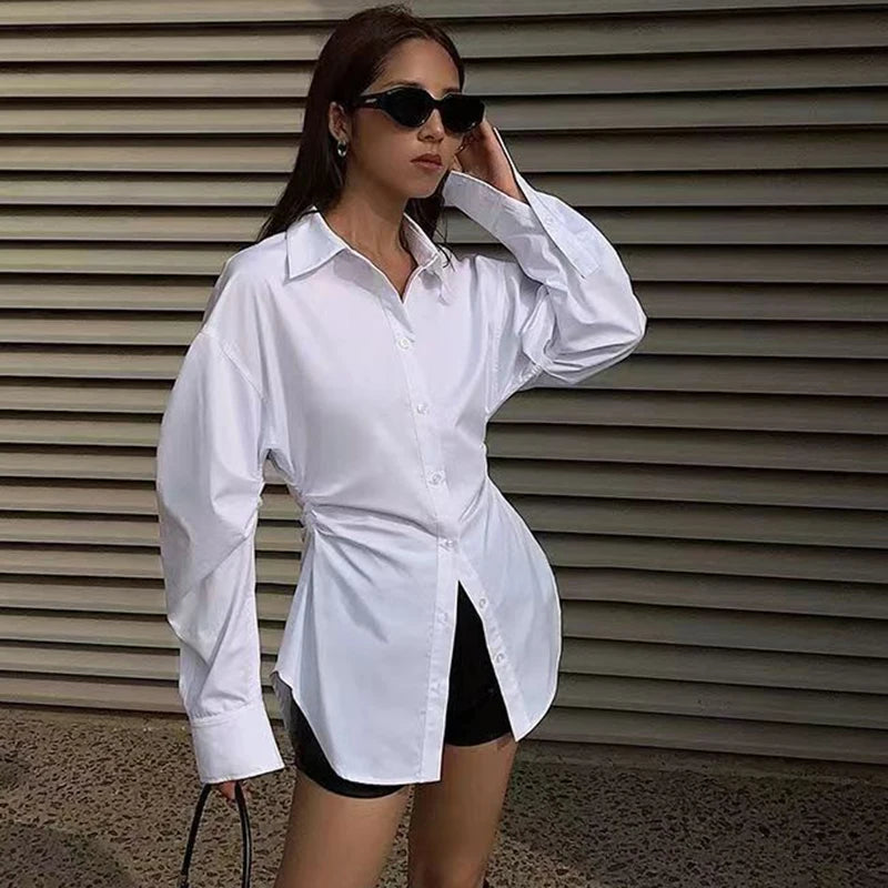 2025 Fashion Slimming Waist White Shirt Women Streetwear Long Sleeve Button Up Blouse Woman Office Turn Down Collar Shirts Top.