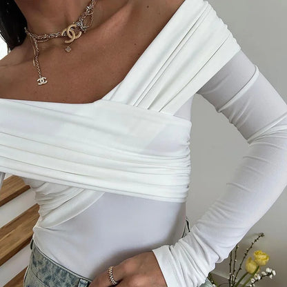 Fashion Solid Sexy Bodysuits Women Elegant Streetwear Long Sleeve Casual Slim Sheath Rompers Cross Folds T Shirts Tops.