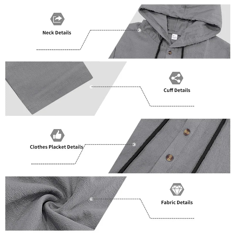 Cross-border Autumn Linen Men's Casual Suit Loose Hooded Henley Shirt Long Sleeve Pants Suit.