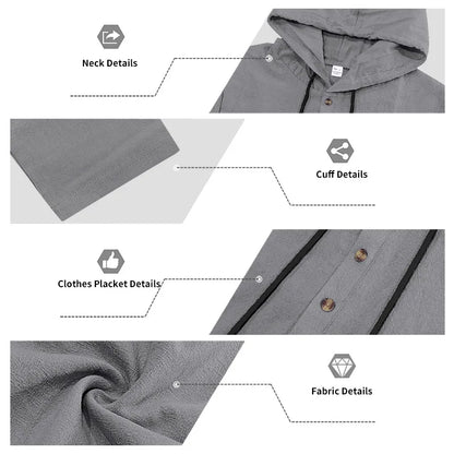 Cross-border Autumn Linen Men's Casual Suit Loose Hooded Henley Shirt Long Sleeve Pants Suit.