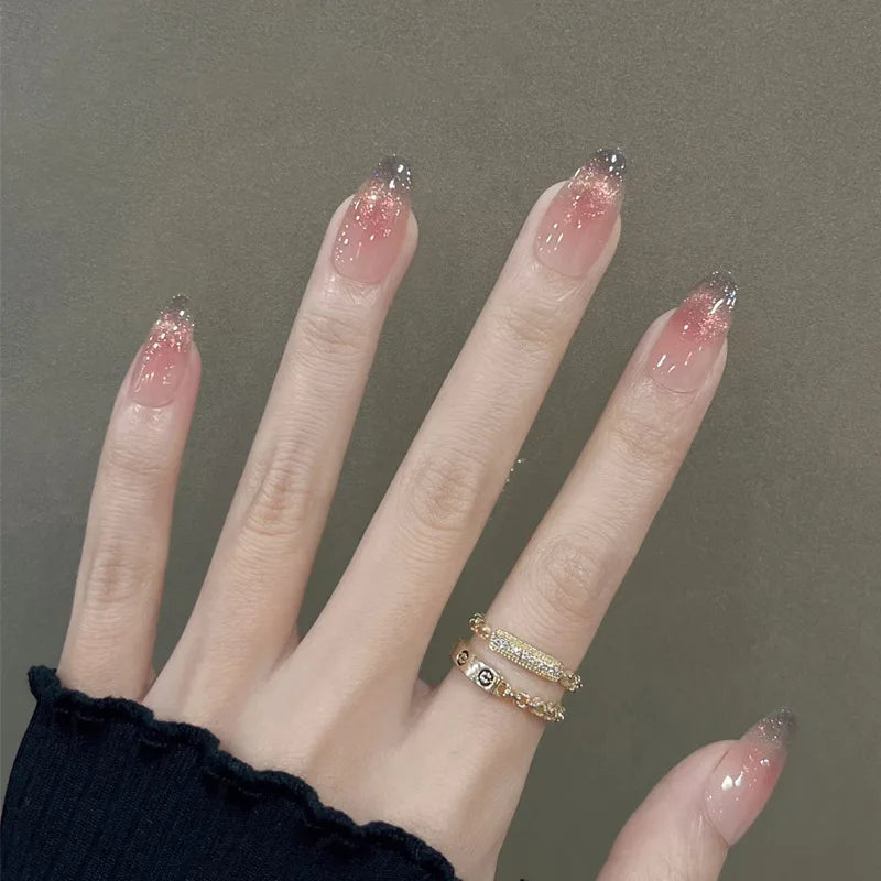 24Pcs Metallic Cat Eye French Sheer Manicure Tip Art Textured 3D Acrylic False Nails Nude Pink Almond Medium Press on Fake Nails.