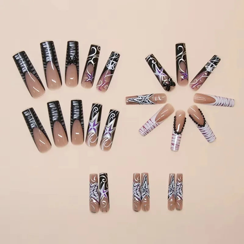 24Pcs Sweet Cool Spice Girl Press on Nails Black French Bow False Nails Y2k Star Glitter Diamond Nail Long Square Gel Fake Nails.