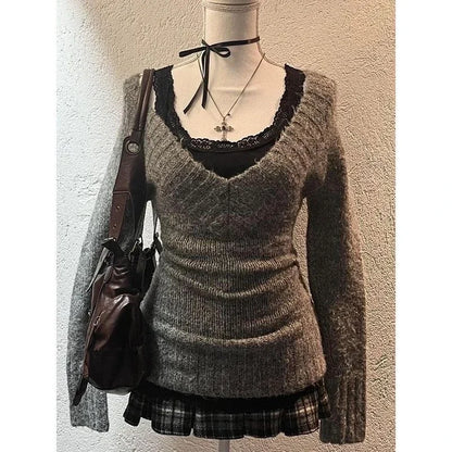 Deeptown Sexy Gestrickte Pullover Frauen V-ausschnitt Vintage Frühen Y2k Grunge Pullover Mujer Herbst Mode Langarm Pullover Schlank