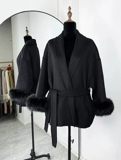 2025 Chic Lapel Plush Coat With Belt Women Vintage Faux Fur Sleeve Tweed Open Coats Female Autumn Winter Casual Street Outwear