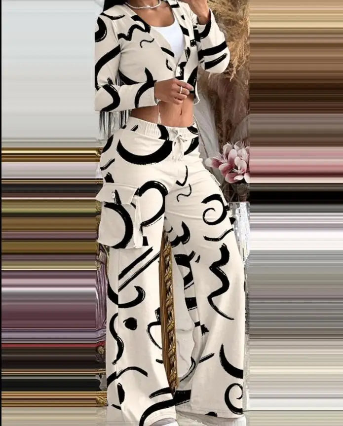 Women's Spring Summer New Fashionable Solid Color Printed Sexy Waist Short Top Casual Pants Set For Women