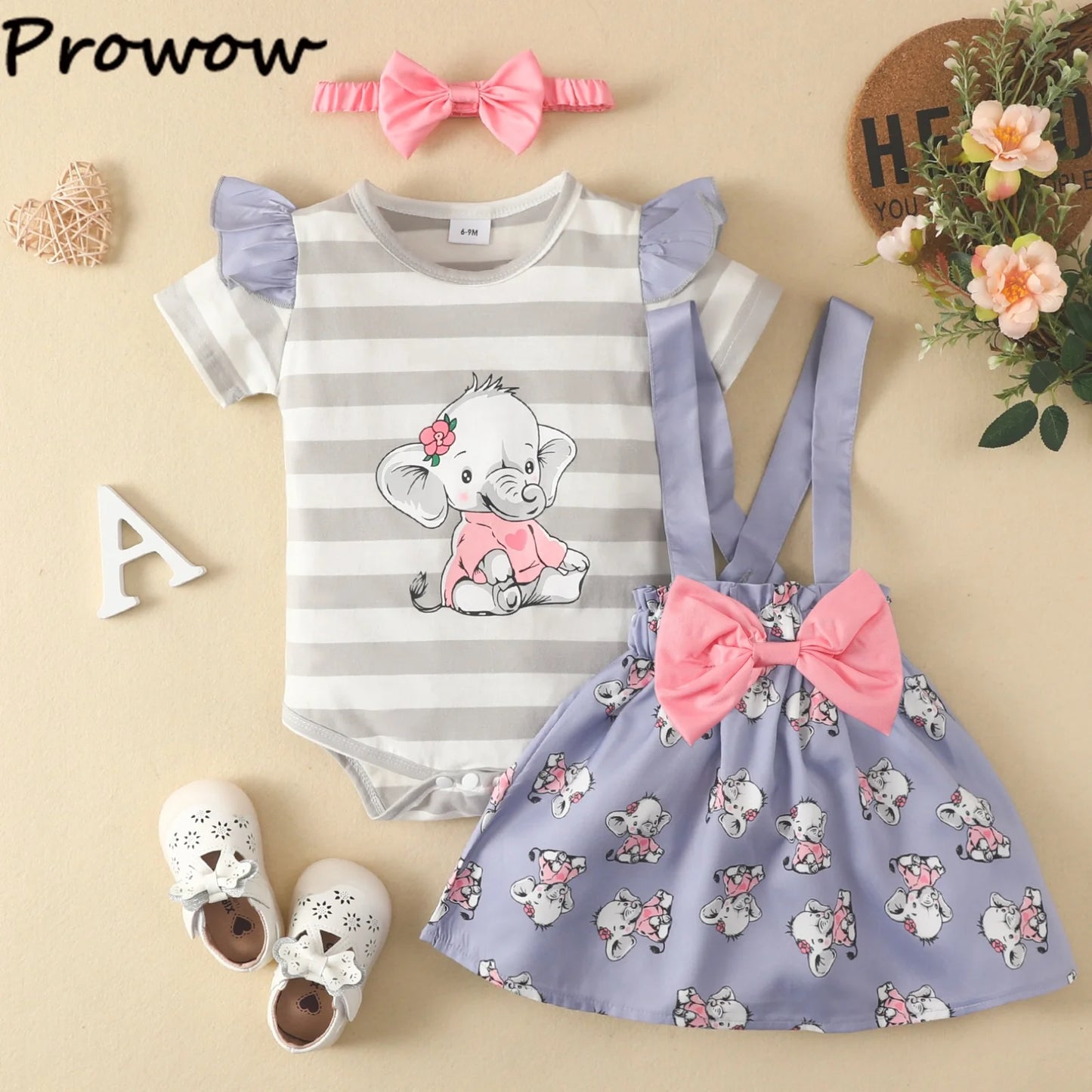 Prowow Günstige Preis Kleidung Baby Mädchen Outfits Set Niedlichen Elefanten Body und Hosenträger Kleid 3 stücke Neugeborene Geburt Set Kleidung.