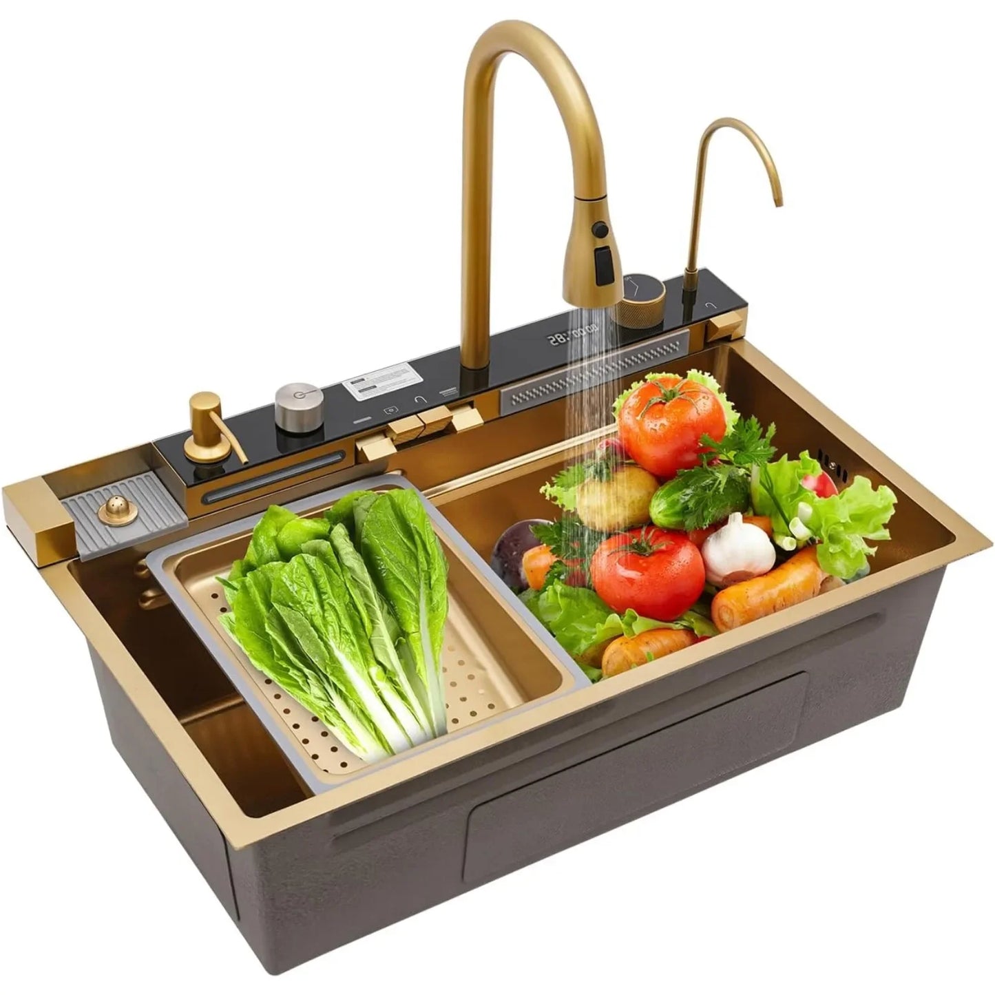 75x46x22cm,gold Digital Display Sink Pull-out Faucet Multifunctional Kitchen Sink , Adjustable Temperature with 360° Cup Washing