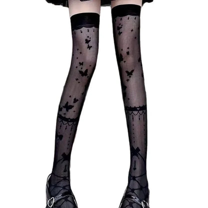 Lolita Butterfly Over-Knee Socks Women's Summer Thin Sexy Black White Long Tube Stockings Thin Material Knee High Tights.
