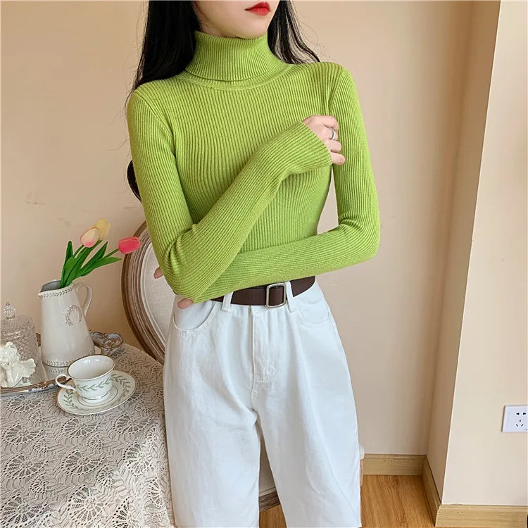 2023 herbst Winter Frauen Langarm Gestrickte Foldover Rollkragen Rippen Pull Pullover Weiche Warme Femme Jumper Pullover Kleidung