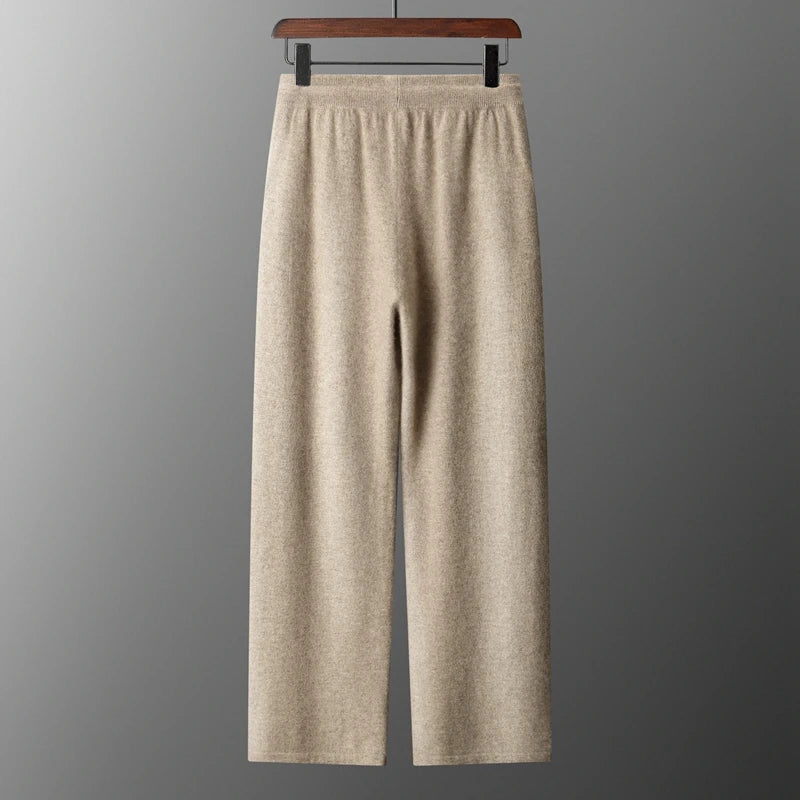 Classic Versatile 100% Cashmere Pants Men High Waist Knitted Straight Pants Solid Color Loose Thin Wide Leg Pants.