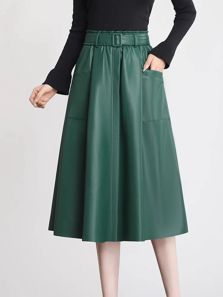 S-5XL New Women Plus Size Leather Skirt Spring Autumn Fashion Stretch Waist A-Line Loose Long Skirt Split Leather Sheepskin.