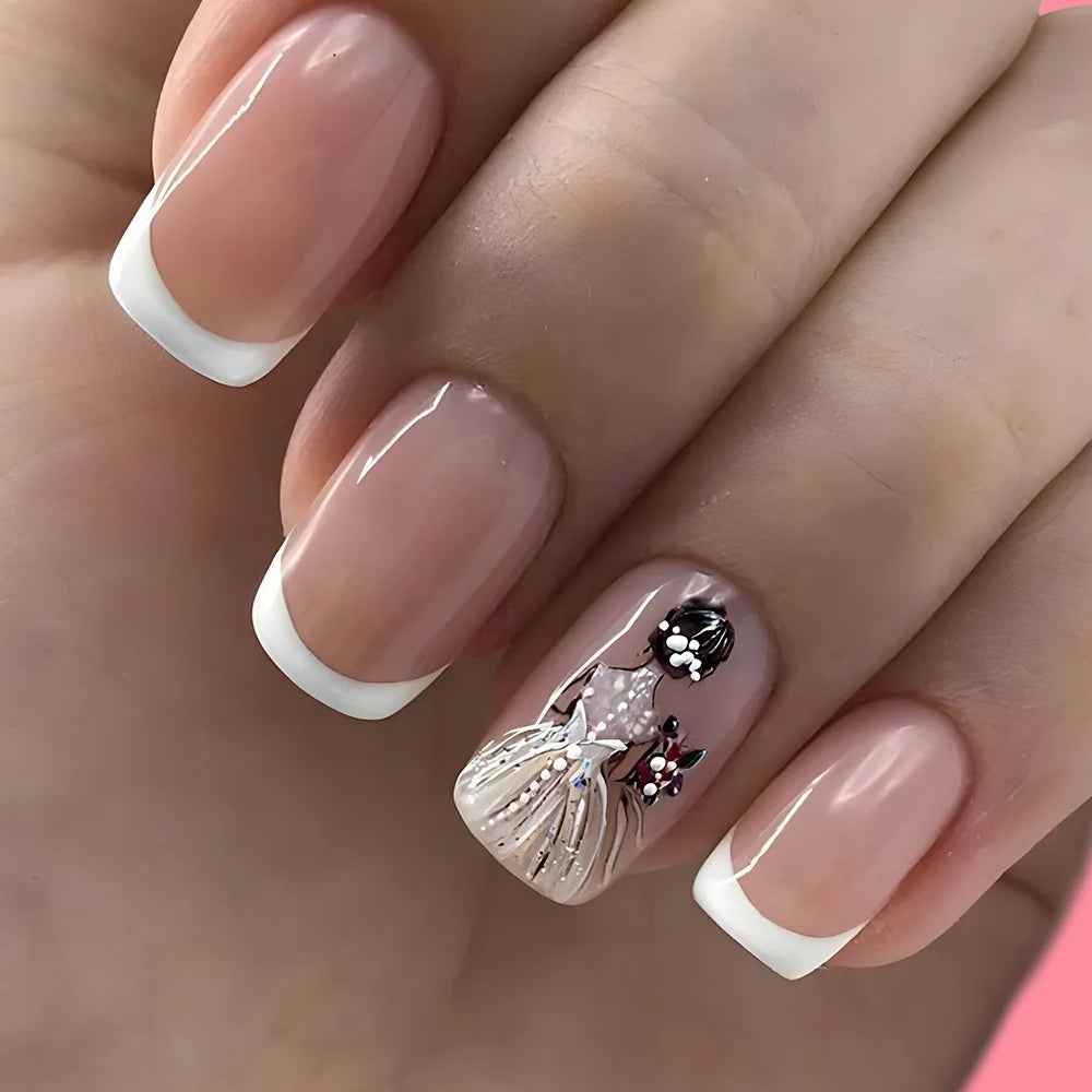 24pcs/set short square fake nails for women cute bride heart white french tips faux ongles y2k press on false nail supplies