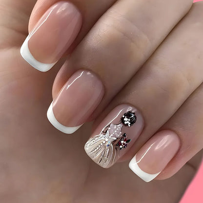 24pcs/set short square fake nails for women cute bride heart white french tips faux ongles y2k press on false nail supplies