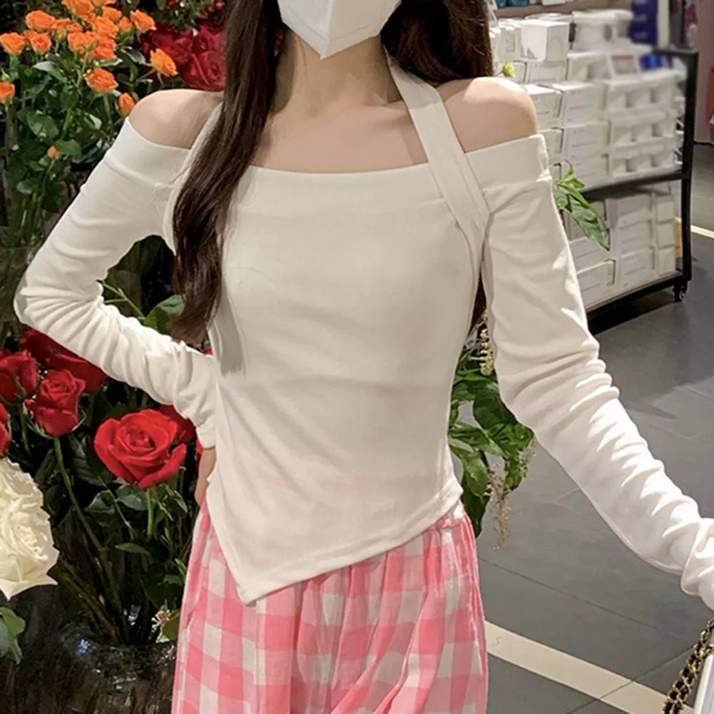 Female One Shoulder Long Sleeve Slim Fit Solid Color Top Suitable for Club Vacation Holiday and Daily Wear Across Seasons.