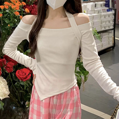 Female One Shoulder Long Sleeve Slim Fit Solid Color Top Suitable for Club Vacation Holiday and Daily Wear Across Seasons.