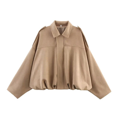 TRAFZA Damen-Jacke mit Wildleder-Textur, High Street, lange Ärmel, Umlegekragen, elastischer Reißverschluss, Knopfleiste, solider, trendiger Frühlingsmantel