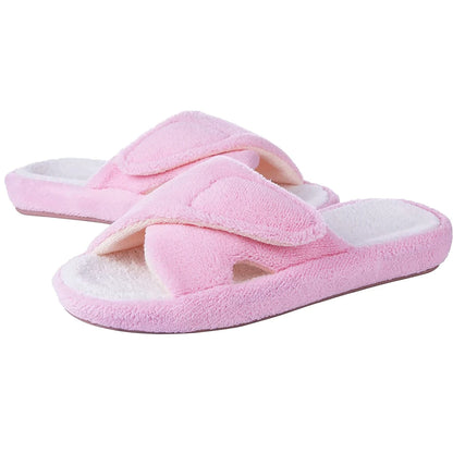 Comwarm Fuzzy House Slippers For Women New Terry Cloth Arch Support Cotton Slippers Four Seasons Open Toe Indoor Flat Slippers.