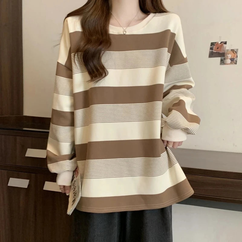 Vintage Striped Thin Hoodies Sweatshirts Spring Autumn Long Sleeve Loose Lazy Style Pullovers Top Casual Fashion Women Clothing.