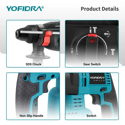 YOFIDRA Bürstenloser elektrischer Hammer-Schlagbohrschrauber, 26 mm, kabelloser Holzbearbeitungs-Schlagbohrschrauber, Elektrowerkzeug-Set für Makita 18 V Akku-Pin