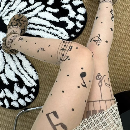 Women Personalized Stocking Gothic Music Notes Print Tights Thin High Elasticity Black Skin Leggings Spicy Girls Y2K Hosiery