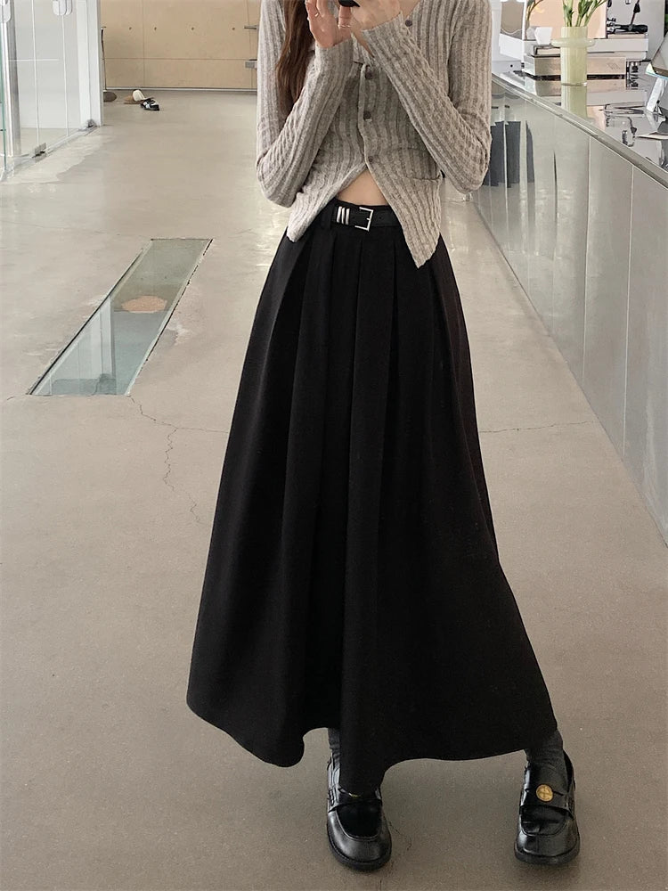 2024 New Korean Skirt Women Solid Color Versatile Mid-length Pleated Skirt Large Swing Type Skirt Female Long Skirts for Women