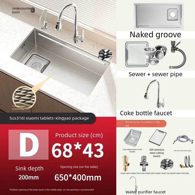Kitchen Sink 316 Stainless Steels Large Single Slot Wash Dish and Wash Vegetable Bowl Brushed Surface Household Undermount Basin