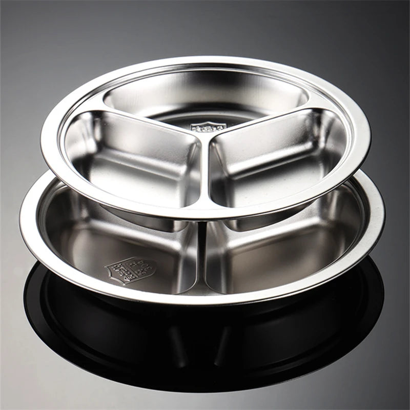 3 Grid Satinless Steel Food Plate Round School Kids Dish Trays Meal Sharing Dishes Set Service Table Student Main Dining Cutlery.