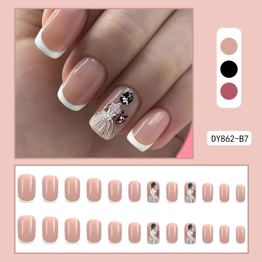 24pcs/set short square fake nails for women cute bride heart white french tips faux ongles y2k press on false nail supplies.