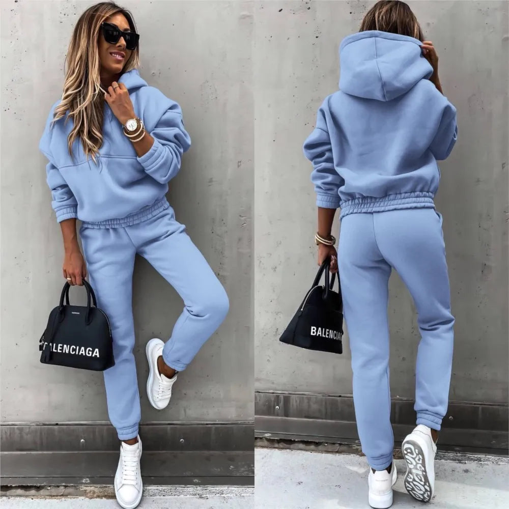 Autumn Winter New Solid Color Long Sleeve Hoodie Women's Casual Suit Fashion Loose Sports Hoodie + Small Foot Pants 2 Piece Set.