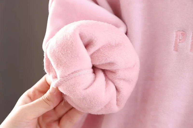 Baby Girls Warm Set Autumn Winter Lining Plush Thick Outfits Kids Cartoon Rabbit Ear Hoodie+Pants 2Pcs Children Casual Clothing.