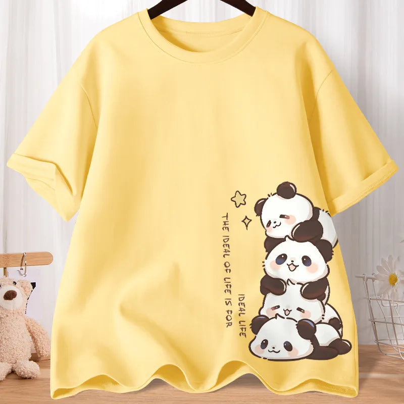 Summer Cartoon Cute Treasure Panda Sweet Printed Short Sleeve T-shirt Women's Loose Leisure Soft Bottom Oversized Shirt Top.