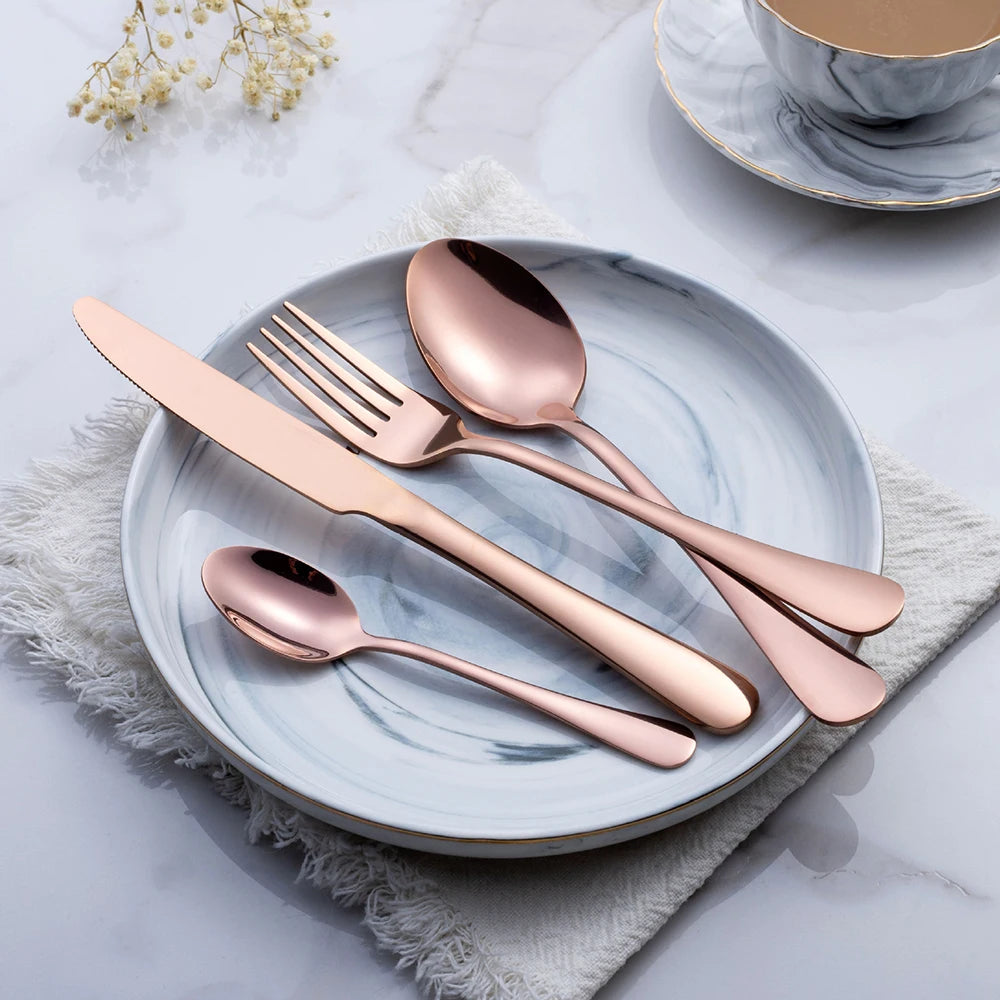 24pcs Golden Tableware Set Light Luxury Stainless Steel Cutlery Fork Knife Spoon Dinnerware Set Minimalist Decor with Gift Box