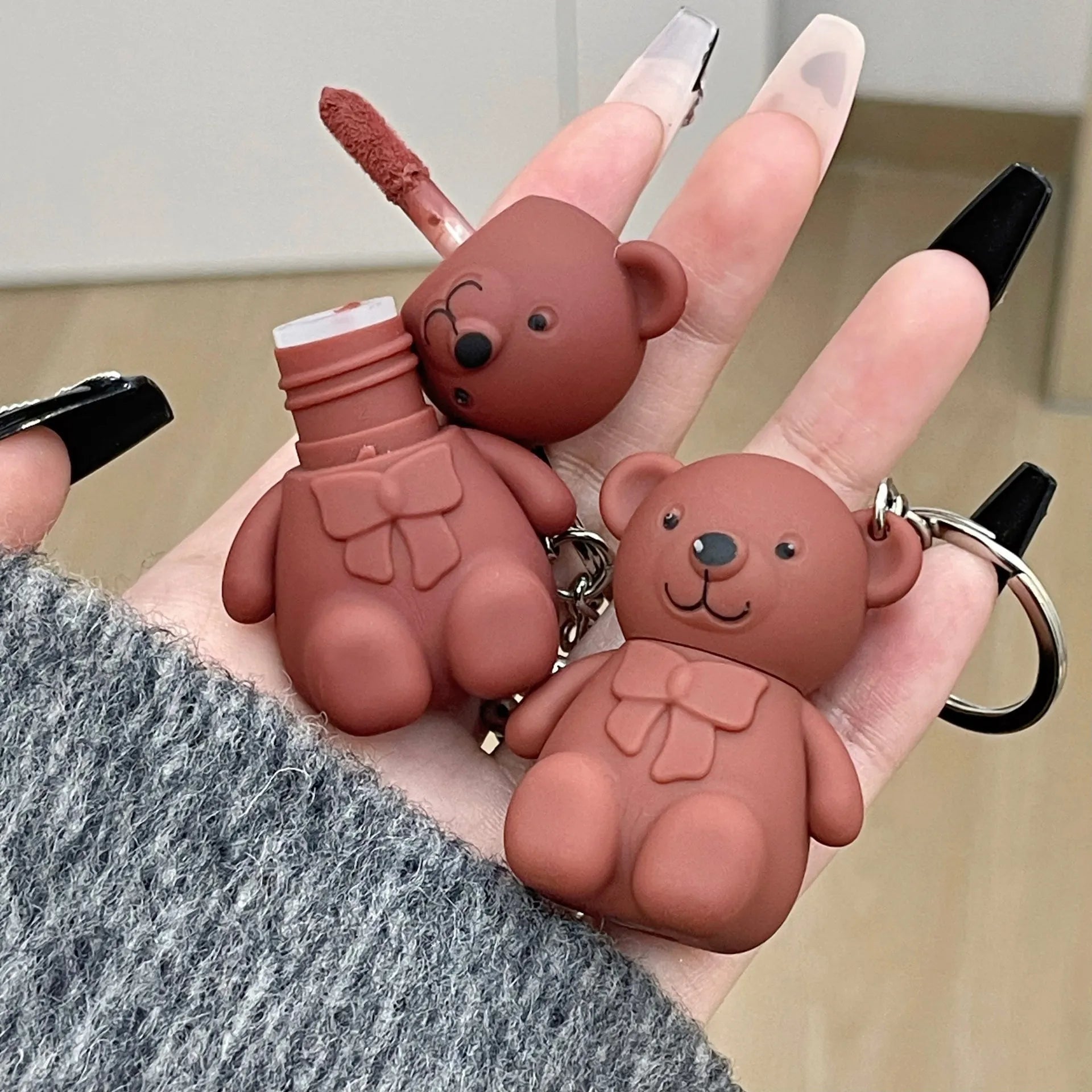 Cute Bear Keychain Matte Velvet Lip Gloss Mirror Brown Lipstick Waterproof Long Lasting Non-Stick Cup Lip Mud Korean Cosmetic.