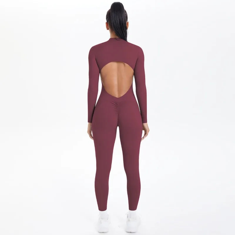 Women's Long Yoga Bodysuit with Half-Zip Sexy Back & Butt Lift for Fitness Running Outdoor Sportswear