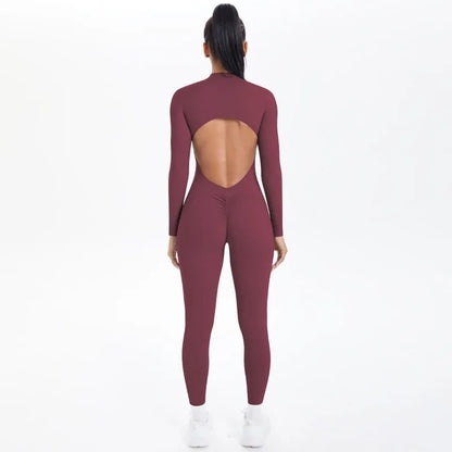 Women's Long Yoga Bodysuit with Half-Zip Sexy Back & Butt Lift for Fitness Running Outdoor Sportswear