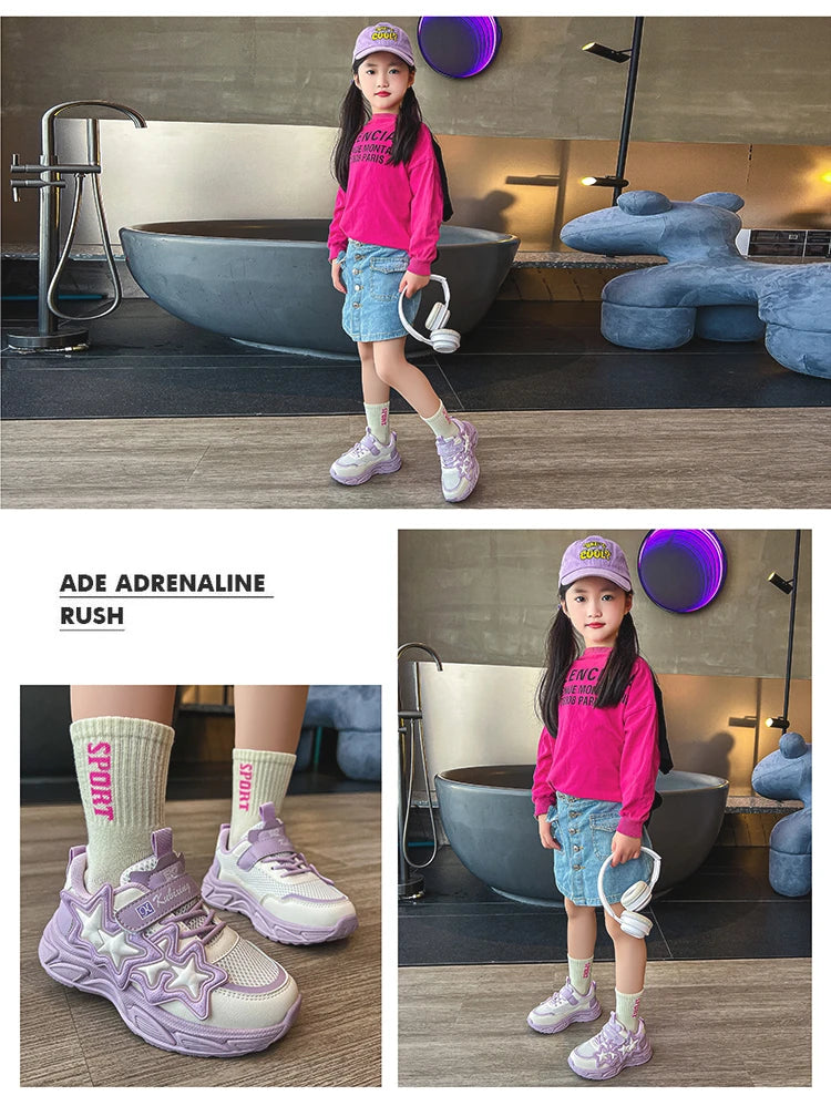 Children Casual Shoes for Girls Fashion Classic with Stars Girls Sports Running Sneakers Breathable PU + Rubber Anti-skid Soft