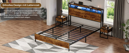 120 x 200 LED-beleuchteter Metallbettrahmen mit Steckdose und USB-Ladefunktion, Holzkopfteil, Stauraumbett B