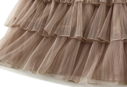 Beiyingni Woman Mesh Long Midi Cake Skirt Solid Color Elegant French Tiered Fairy Tulle Skirts Khaki Casual High Waist Faldas