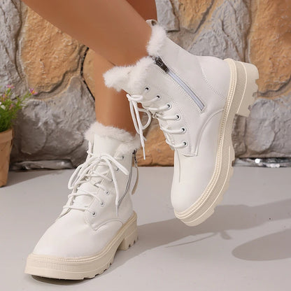 Women's Autumn Winter Ankle Boots Thick Sole Warm Plush Cotton Shoes Woman Fashion Black White Pu Leather Platform Botas Mujer.