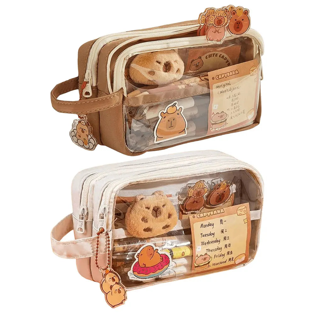 Capybara Kawaii Pencil Case with Compartments Stationary Bag Clear Pen Bag with Sticker Pendant for Office College School.