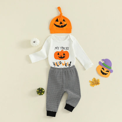 Baby Mädchen Halloween Baumwolle 3-teiliges Set 0-18 Monate Kleinkind Jungen Langarm Kürbis Print Onesie + Gestreifte Hose + Hut Festliches Outfit.